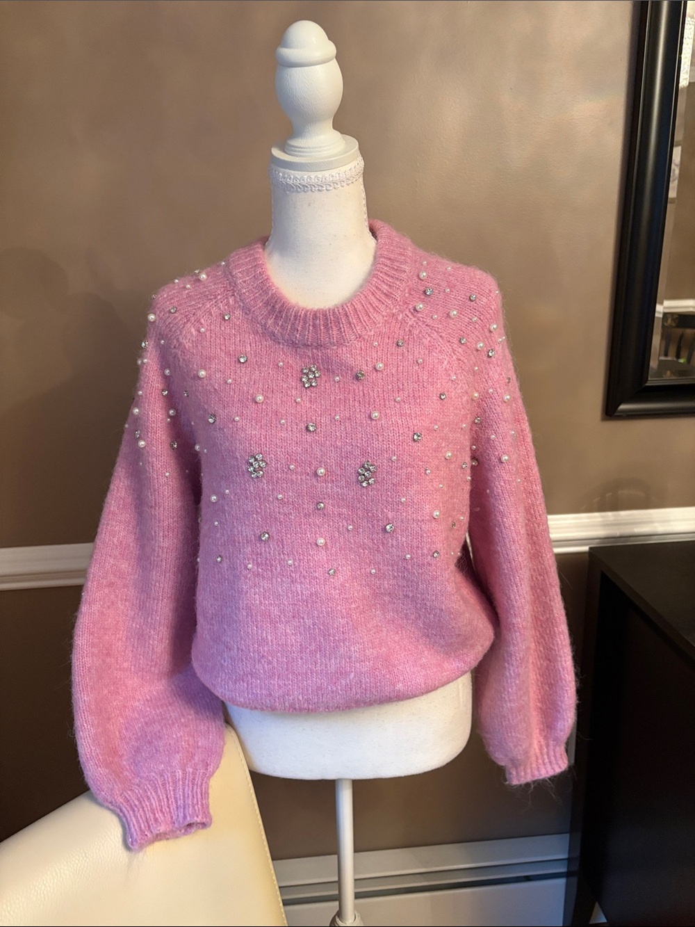 Embellished Pink Crewneck Sweater